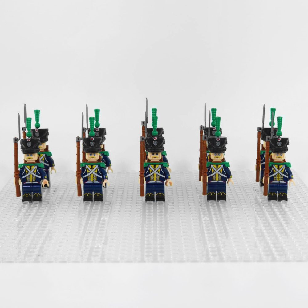 napoleonic-wars-hessian-light-infantry-minifigure-set-of-10pcs-with-rifles-bayonets