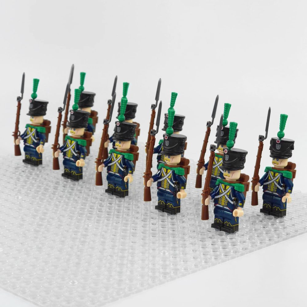 napoleonic-wars-hessian-light-infantry-minifigure-set-of-10pcs-with-rifles-bayonets