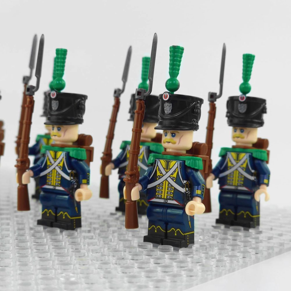 napoleonic-wars-hessian-light-infantry-minifigure-set-of-10pcs-with-rifles-bayonets
